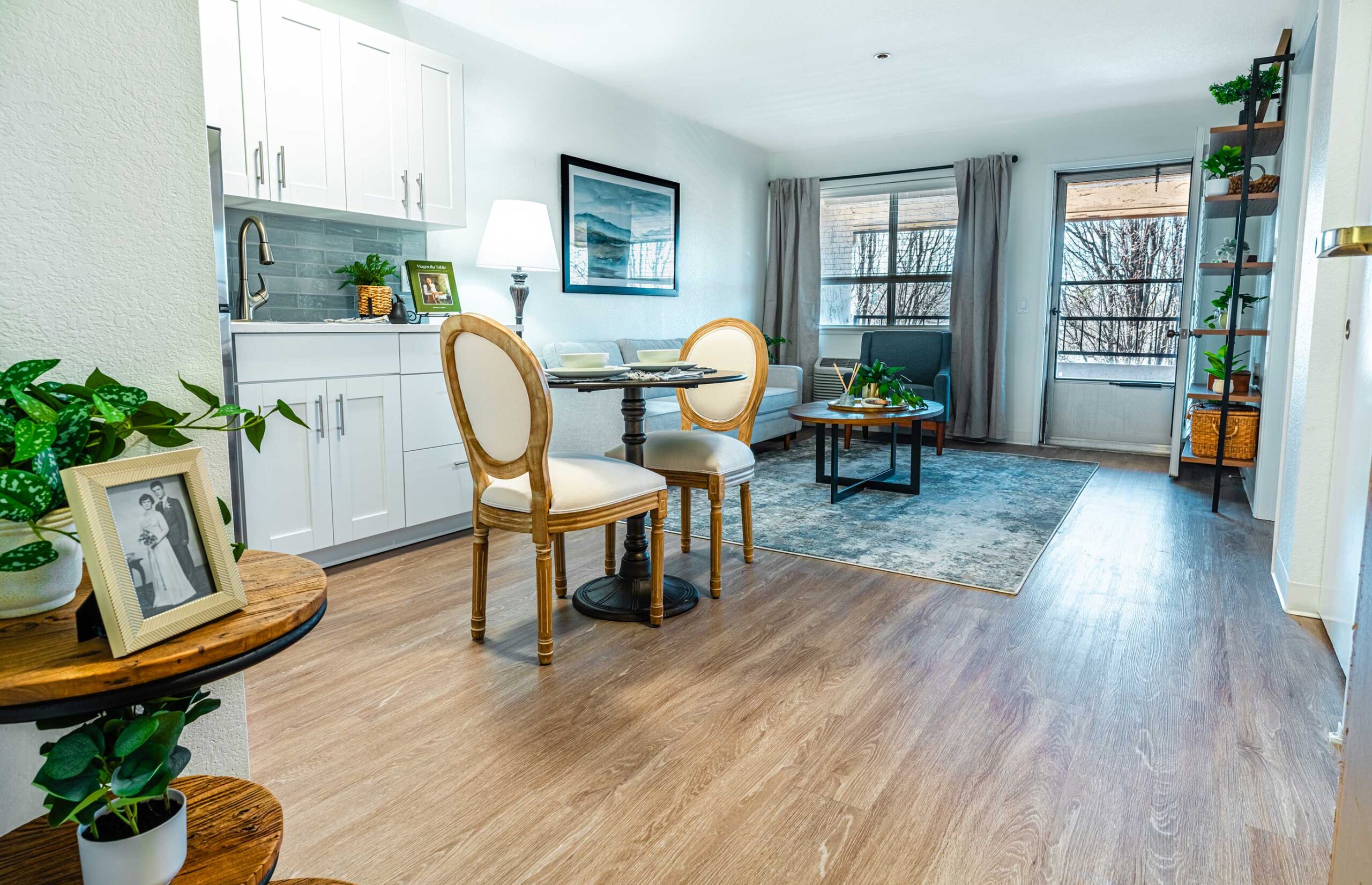 Newly renovated apartment at The Montvale Senior Living in Springfield, Illinois, completed in 2025, featuring updated floors and kitchen, and modern, inviting decor.
